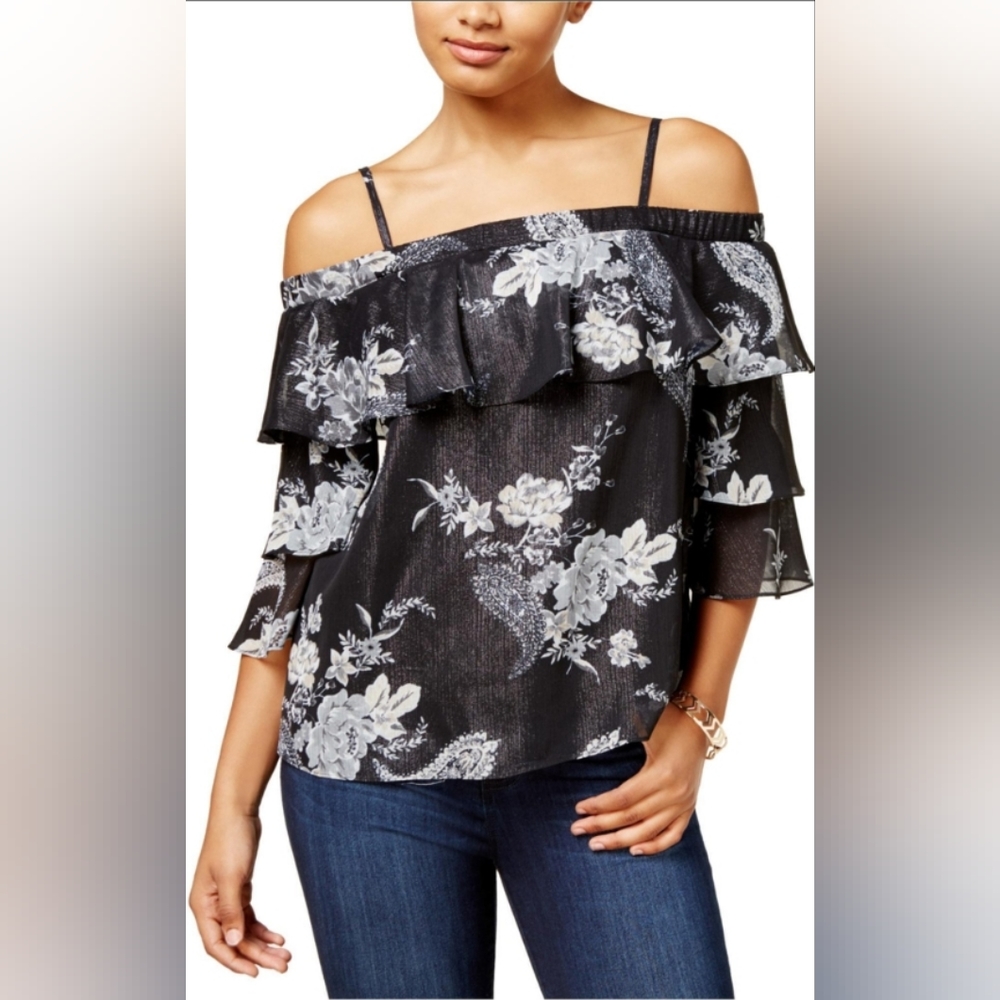 By & By - Shiny Sheer Top Black with Peach Flowers